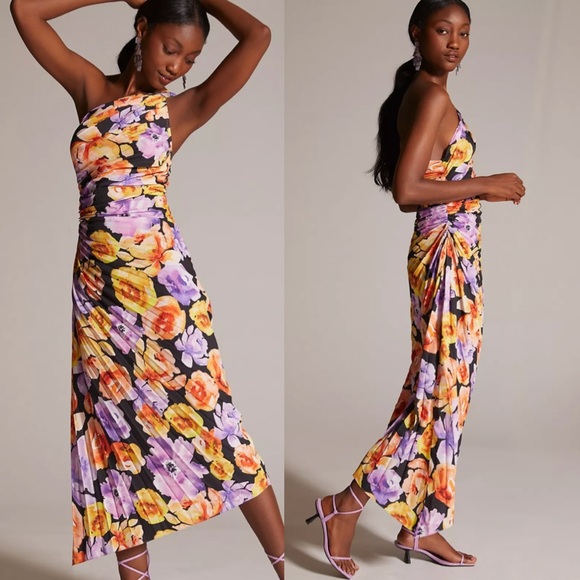 Geisha Designs Anthropologie Asymmetrical Hem Midi Dress Purple Motif Medium - Picture 1 of 5